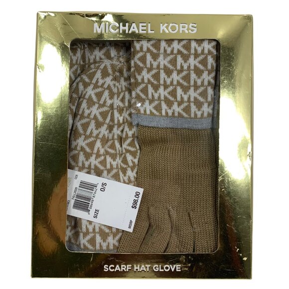 NWT $98 MICHAEL KORS 3 Piece Scarf Hat Glove Boxed Set Beige MK Logo One Size - Picture 1 of 3